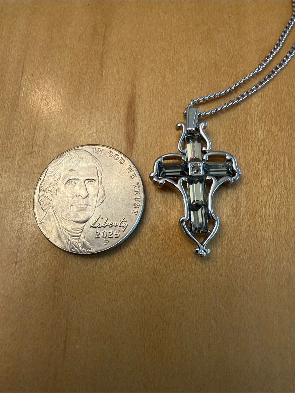 Sterling-Style Silver Cross Necklace with grey/green Crystal Accents